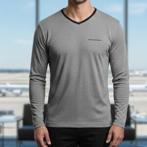 American Airlines Black White Stripe Long Sleeve V Neck  Vintage 90's Tee L/XL